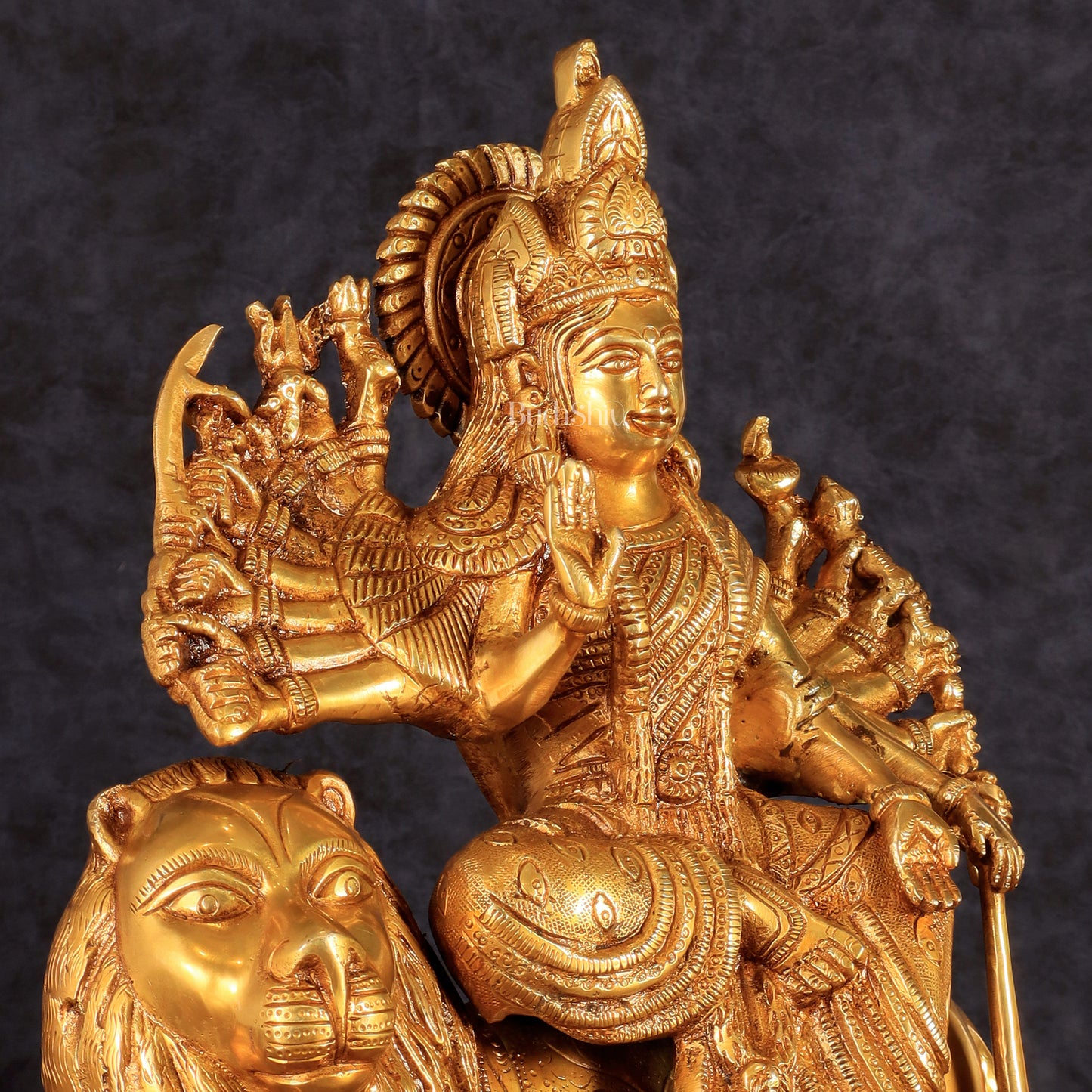 Brass Durga with Eighteen Arms with sitting Lion Idol - 12 Inch