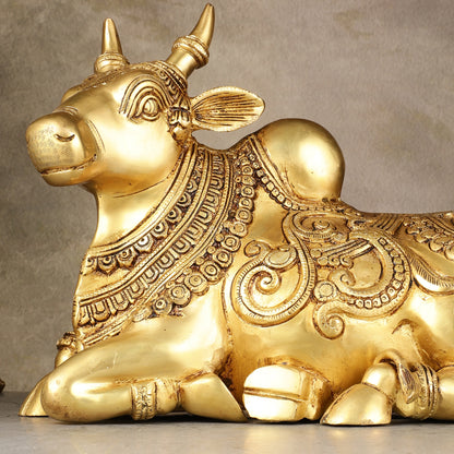Superfine Brass Sitting Nandi Statue - 13" | Right Leg Raised