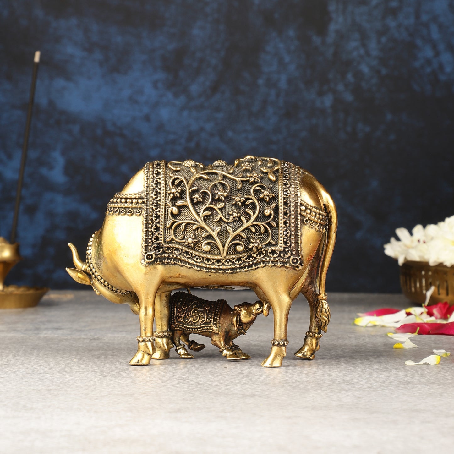 Brass Superfine Miniature Kamdhenu Cow with Calf - 5.5"