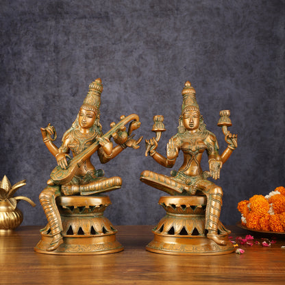 Vintage Brass Lakshmi and Saraswati Idol Pair - 12" Divine Sculpture