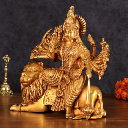 Brass Durga with Eighteen Arms with sitting Lion Idol - 12 Inch