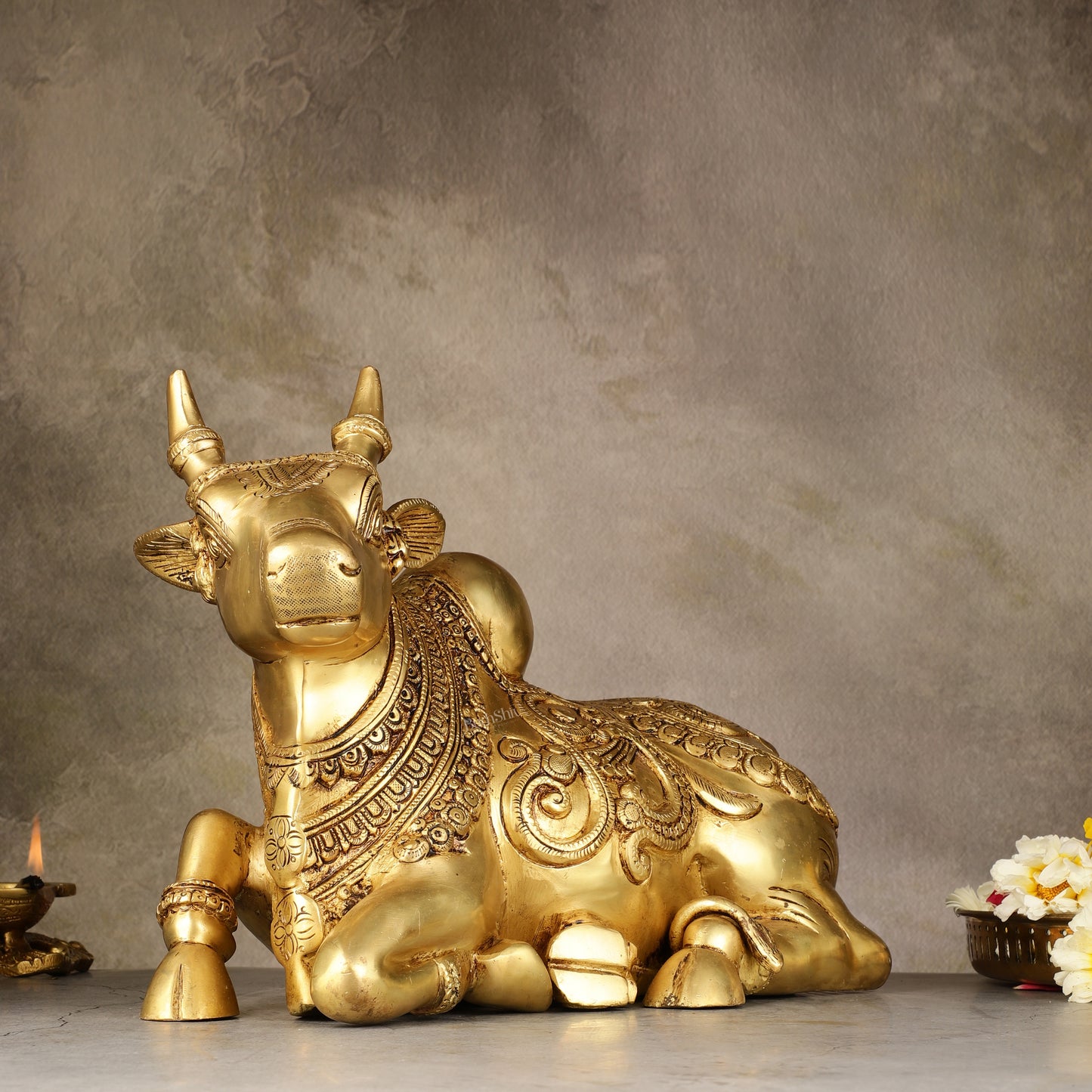 Superfine Brass Sitting Nandi Statue - 13" | Right Leg Raised