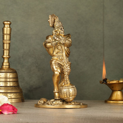 Powerful Standing Hanuman Brass Idol - 7.5" Height, Superfine Craftsmanship