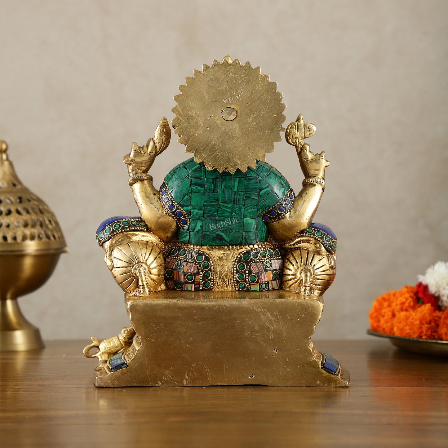 Brass Ganesha Idol with Meenakari Stonework | 10" Height | Vibrant