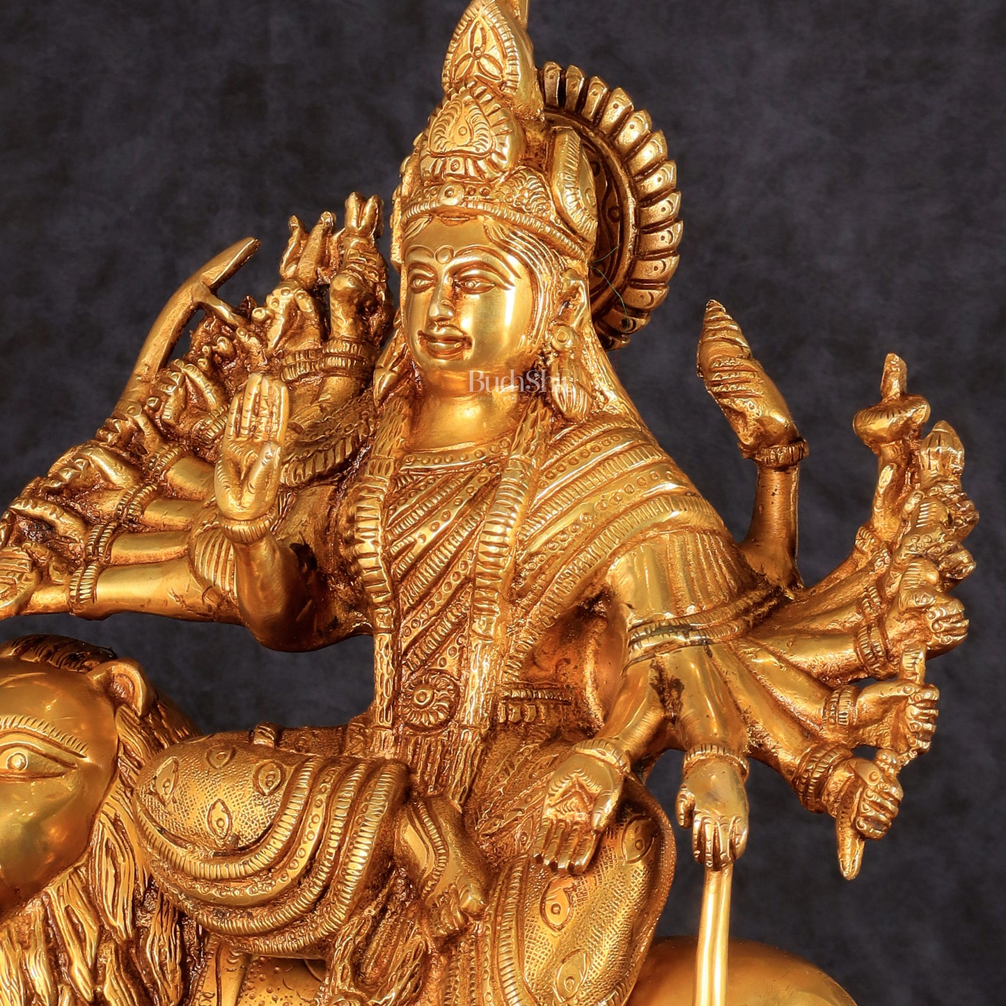 Brass Durga with Eighteen Arms with sitting Lion Idol - 12 Inch