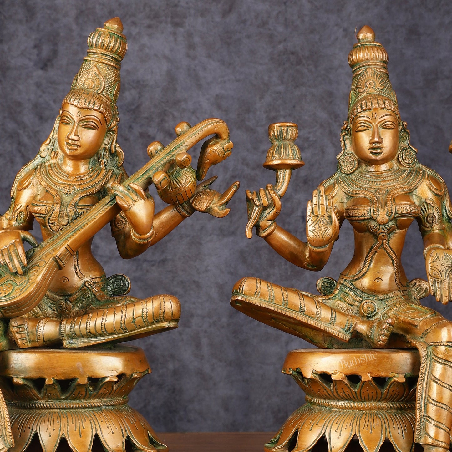 Vintage Brass Lakshmi and Saraswati Idol Pair - 12" Divine Sculpture