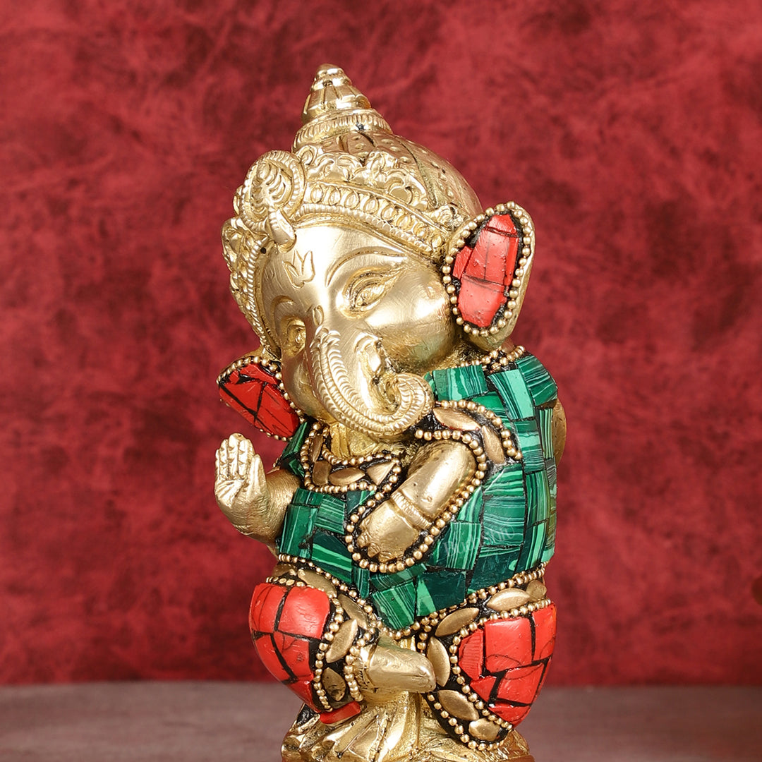 Baby Ganesha Aashirwaad Brass Idol - Perfect for Office Desk, Study Table, Temple - stonework