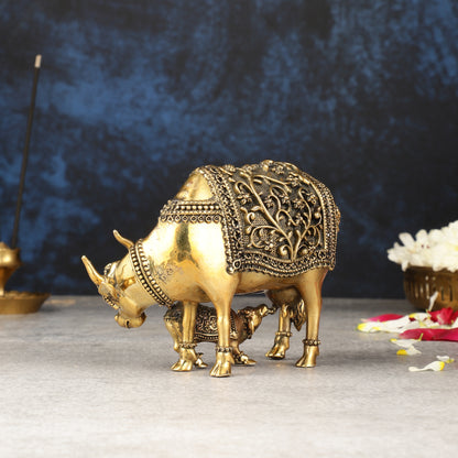 Brass Superfine Miniature Kamdhenu Cow with Calf - 5.5"