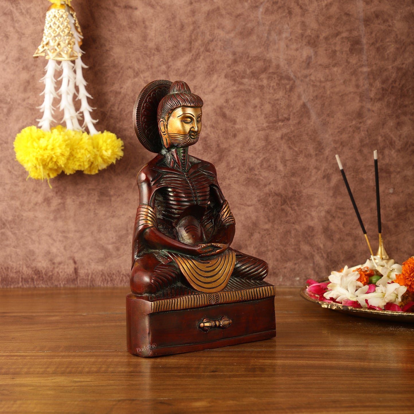 Pure Brass Fasting/Hungry Buddha in Meditation Sculpture - 9" Tall