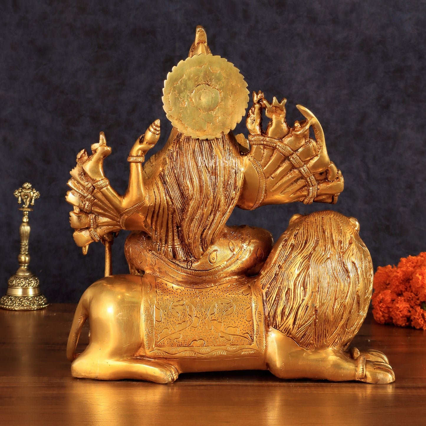 Brass Durga with Eighteen Arms with sitting Lion Idol - 12 Inch