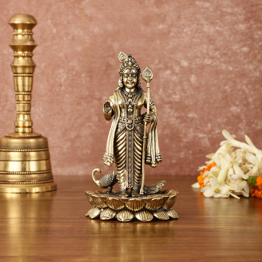 Pure Brass Superfine Intricately Carved Murugan with Peacock Idol - 6" Tall