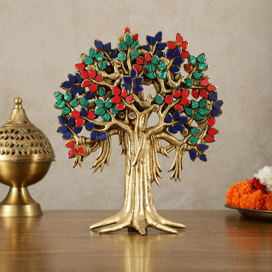 Pure Brass Handcrafted Kalpavriksha Tree - Table Standing - 11" with meenakari