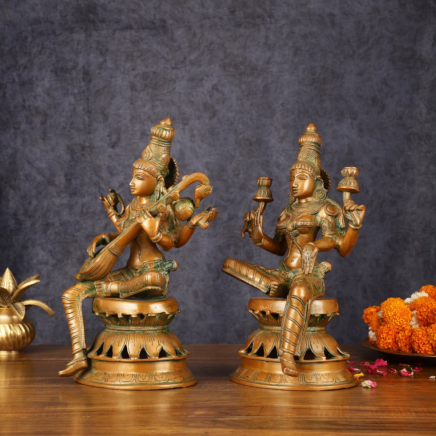 Vintage Brass Lakshmi and Saraswati Idol Pair - 12" Divine Sculpture