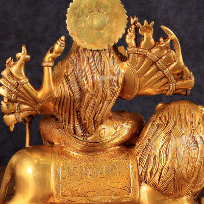 Brass Durga with Eighteen Arms with sitting Lion Idol - 12 Inch