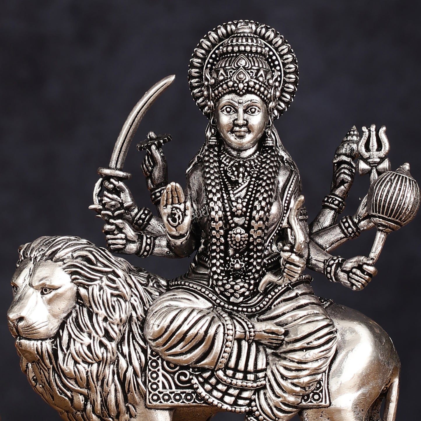 Brass Superfine silver plated Goddess Durga Ambe Mata Sitting on Lion - 6"