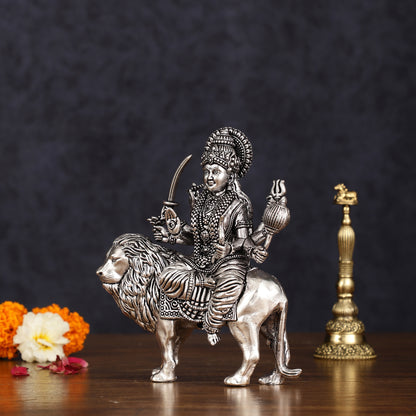 Brass Superfine silver plated Goddess Durga Ambe Mata Sitting on Lion - 6"