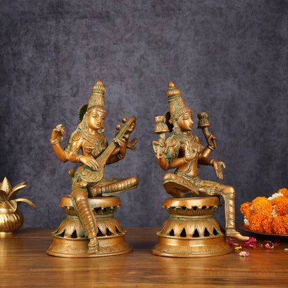 Vintage Brass Lakshmi and Saraswati Idol Pair - 12" Divine Sculpture