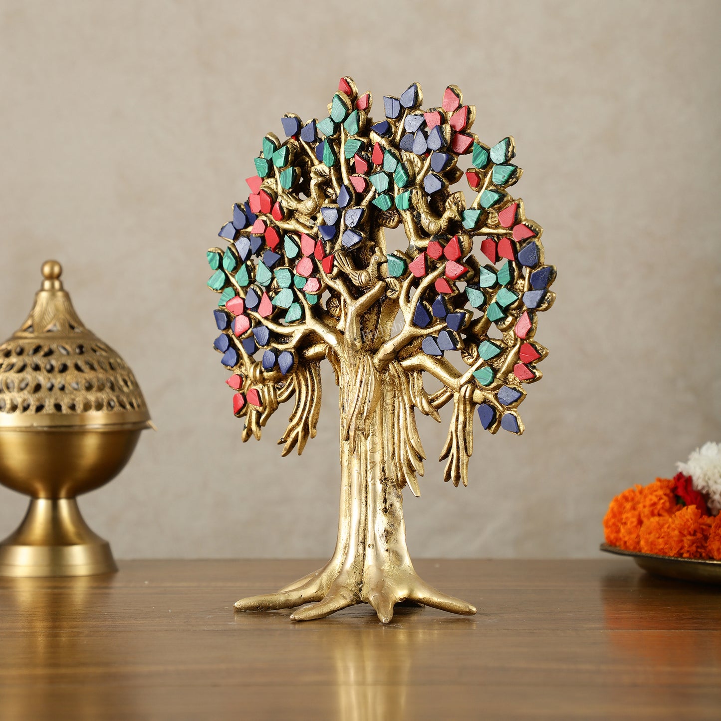 Pure Brass Handcrafted Kalpavriksha Tree - Table Standing - 11" with meenakari