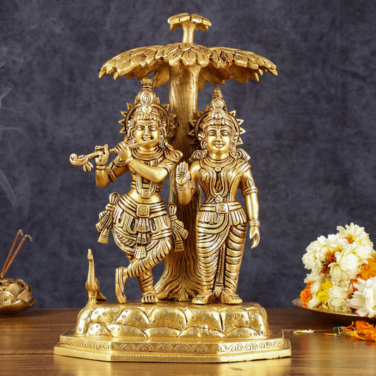 Pure Brass Radha Krishna Under Tree Idol - Height 13"