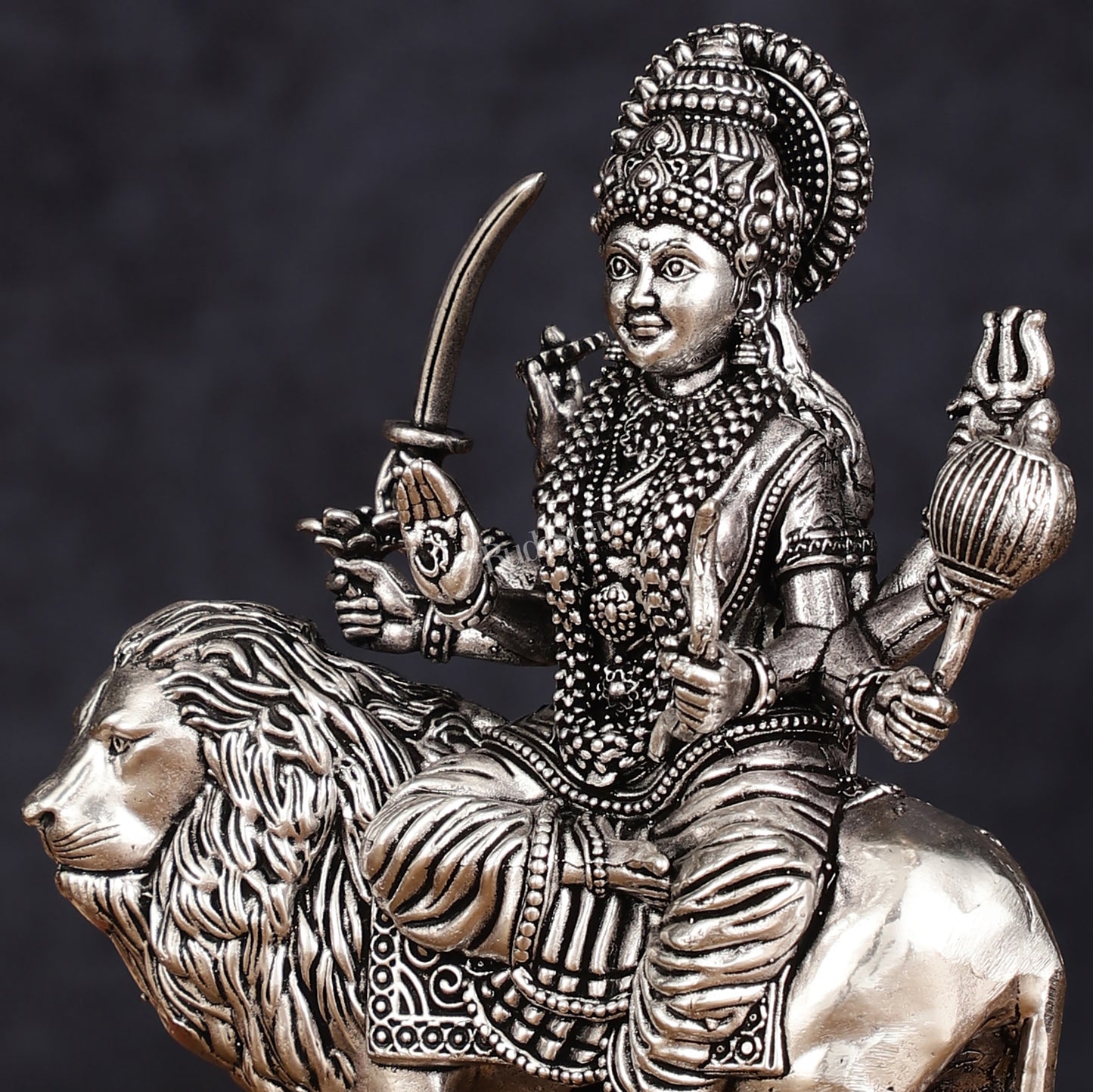 Brass Superfine silver plated Goddess Durga Ambe Mata Sitting on Lion - 6"