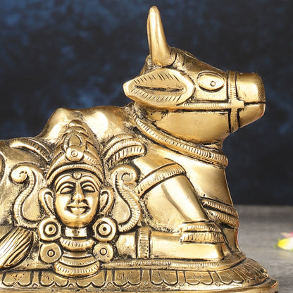 Pure Brass Nandi Idol with Shiv Gauri Carving 6"