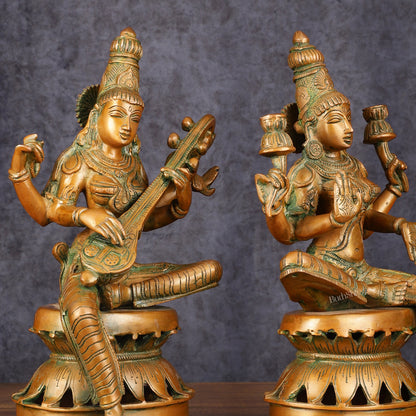 Vintage Brass Lakshmi and Saraswati Idol Pair - 12" Divine Sculpture