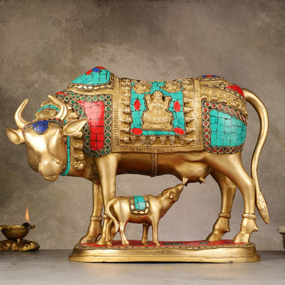 Large Pure Brass Kamdhenu Cow with Calf Statue - 13 inch