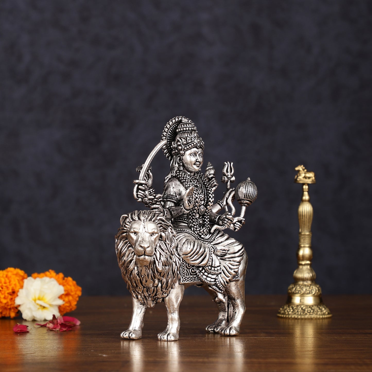 Brass Superfine silver plated Goddess Durga Ambe Mata Sitting on Lion - 6"