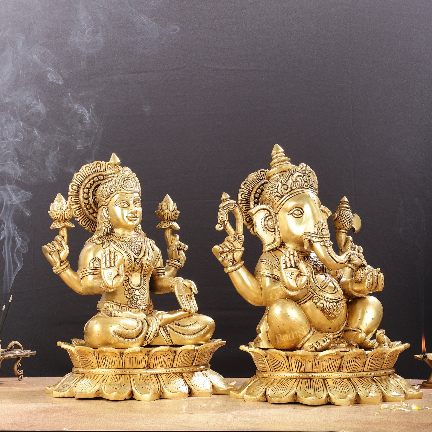 Large Pure Brass Superfine Ganesha and Lakshmi on Lotus Idols - 13.5"
