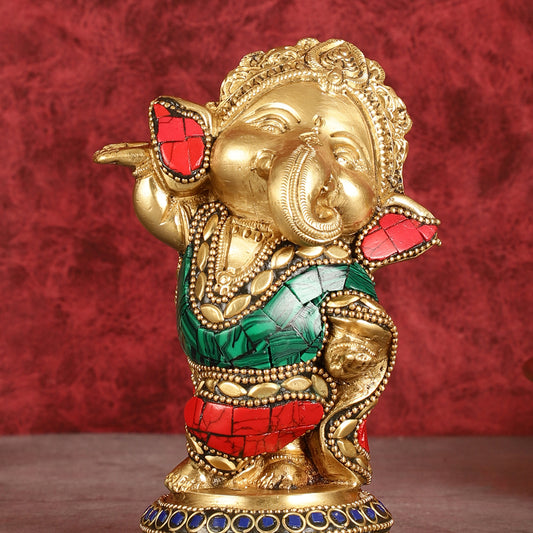 Baby Ganesha Dancing Brass Idol 5" Perfect for Office Desk, Study Table, Temple - stonework