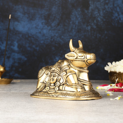 Pure Brass Nandi Idol with Shiv Gauri Carving 6"