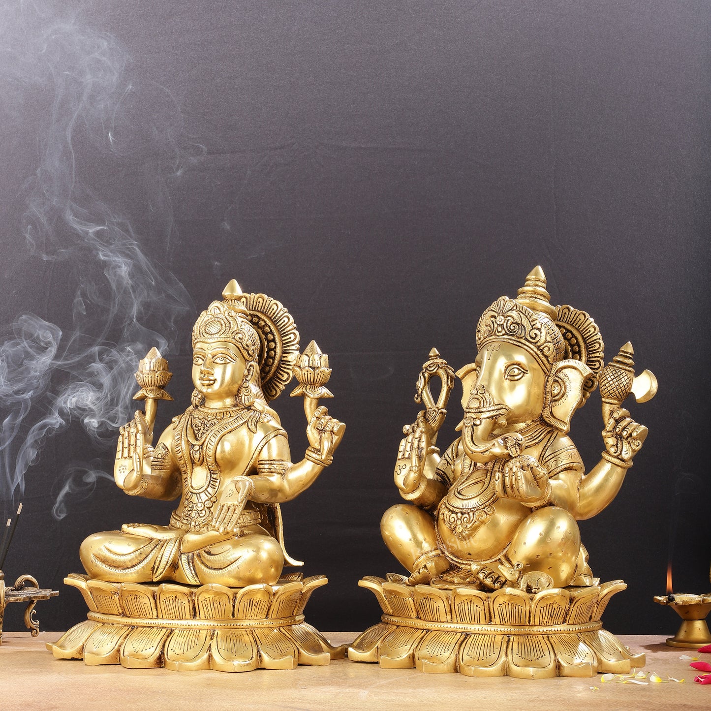 Large Pure Brass Superfine Ganesha and Lakshmi on Lotus Idols - 13.5"