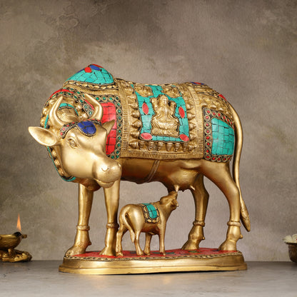 Large Pure Brass Kamdhenu Cow with Calf Statue - 13 inch