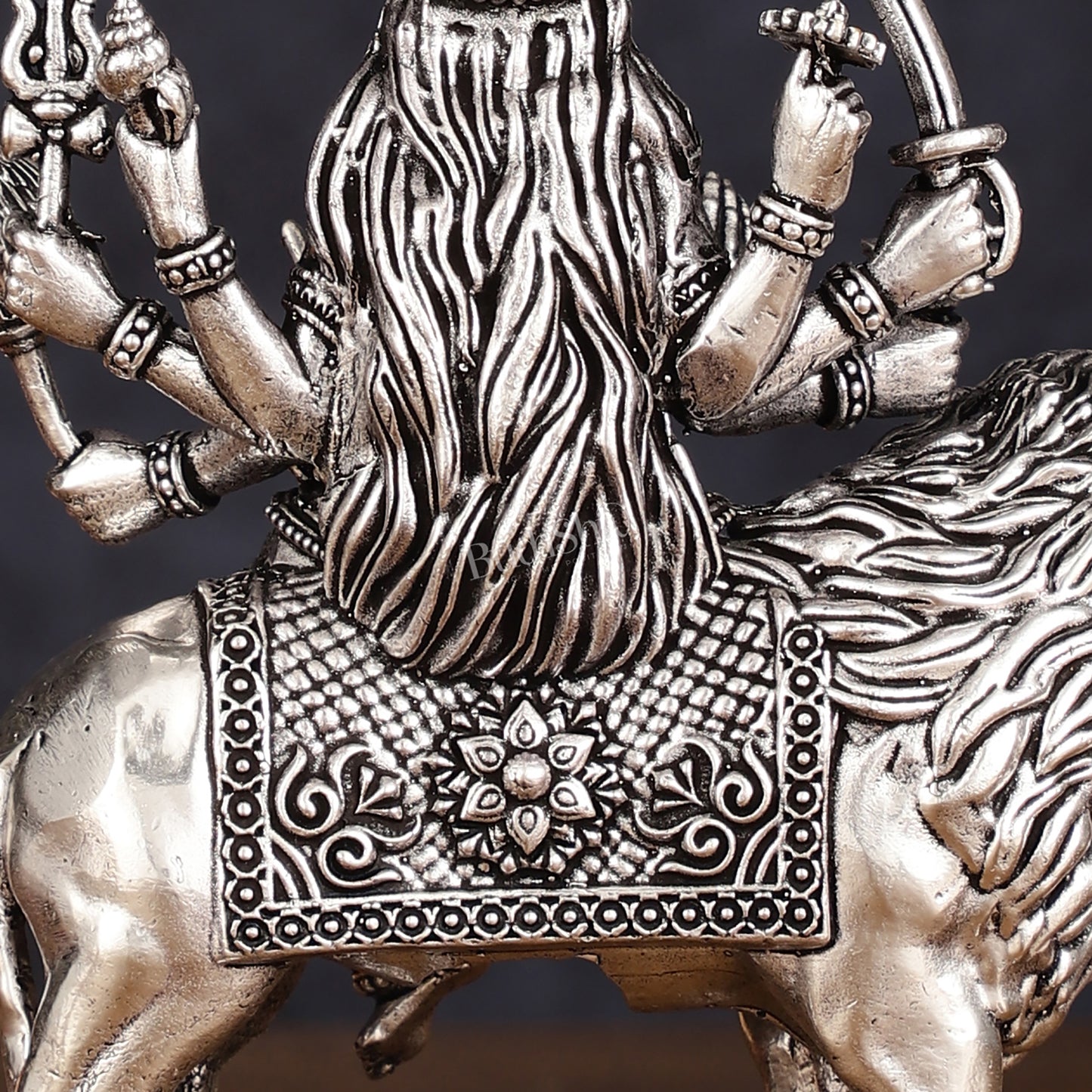 Brass Superfine silver plated Goddess Durga Ambe Mata Sitting on Lion - 6"