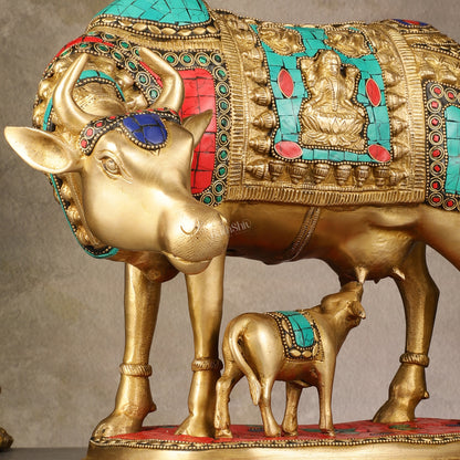 Large Pure Brass Kamdhenu Cow with Calf Statue - 13 inch