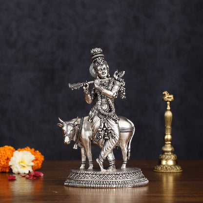 Superfine brass Silver plated Intricate Krishna with Cow Statue - 7"