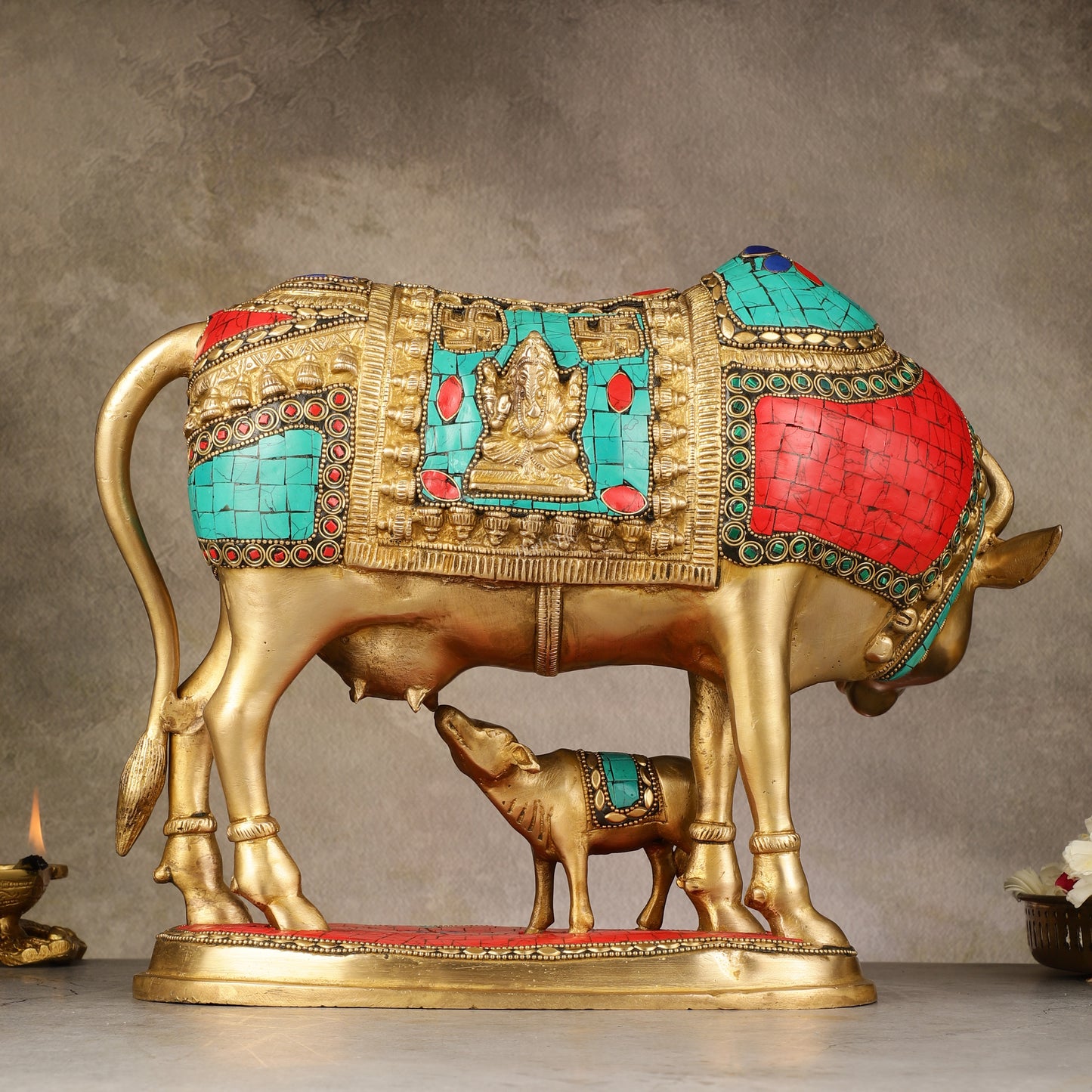 Large Pure Brass Kamdhenu Cow with Calf Statue - 13 inch