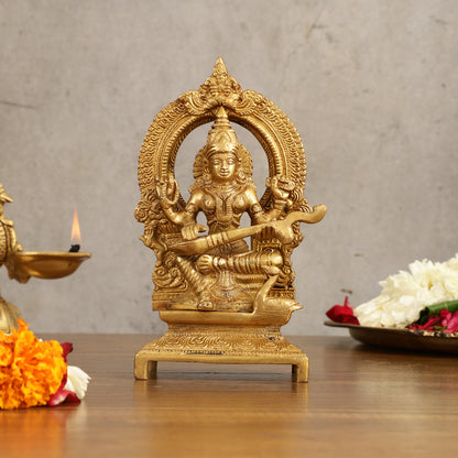 Buy Pure Brass Goddess Saraswati Idol with Arch - 7 Inches