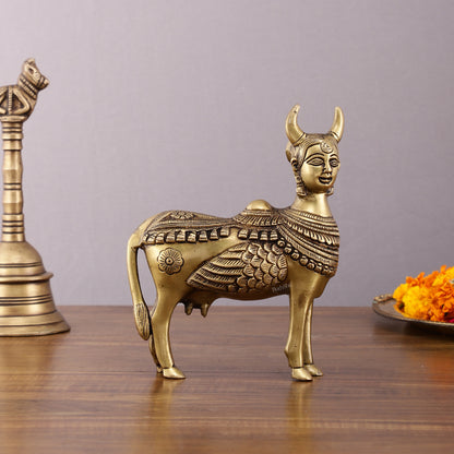 Pure Brass Kamdhenu Cow with Wings & Goddess Face – 6x6x2.5 Inch