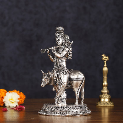 Superfine brass Silver plated Intricate Krishna with Cow Statue - 7"