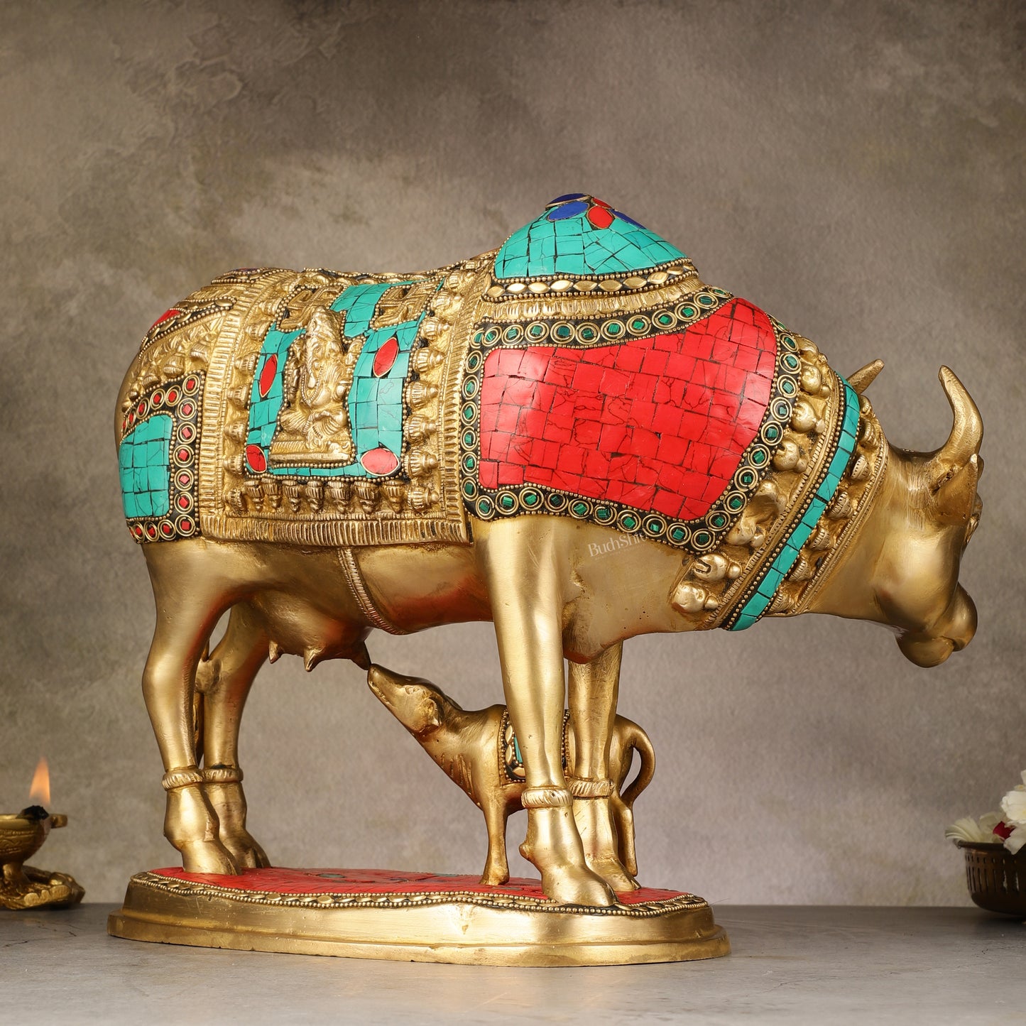 Large Pure Brass Kamdhenu Cow with Calf Statue - 13 inch