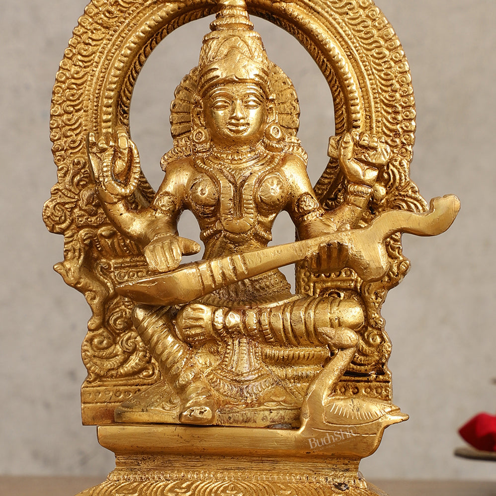 Buy Pure Brass Goddess Saraswati Idol with Arch - 7 Inches