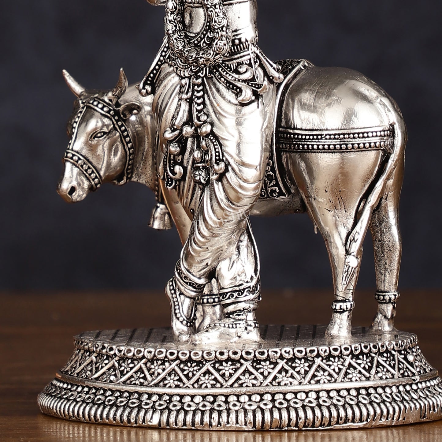 Superfine brass Silver plated Intricate Krishna with Cow Statue - 7"