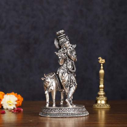 Superfine brass Silver plated Intricate Krishna with Cow Statue - 7"