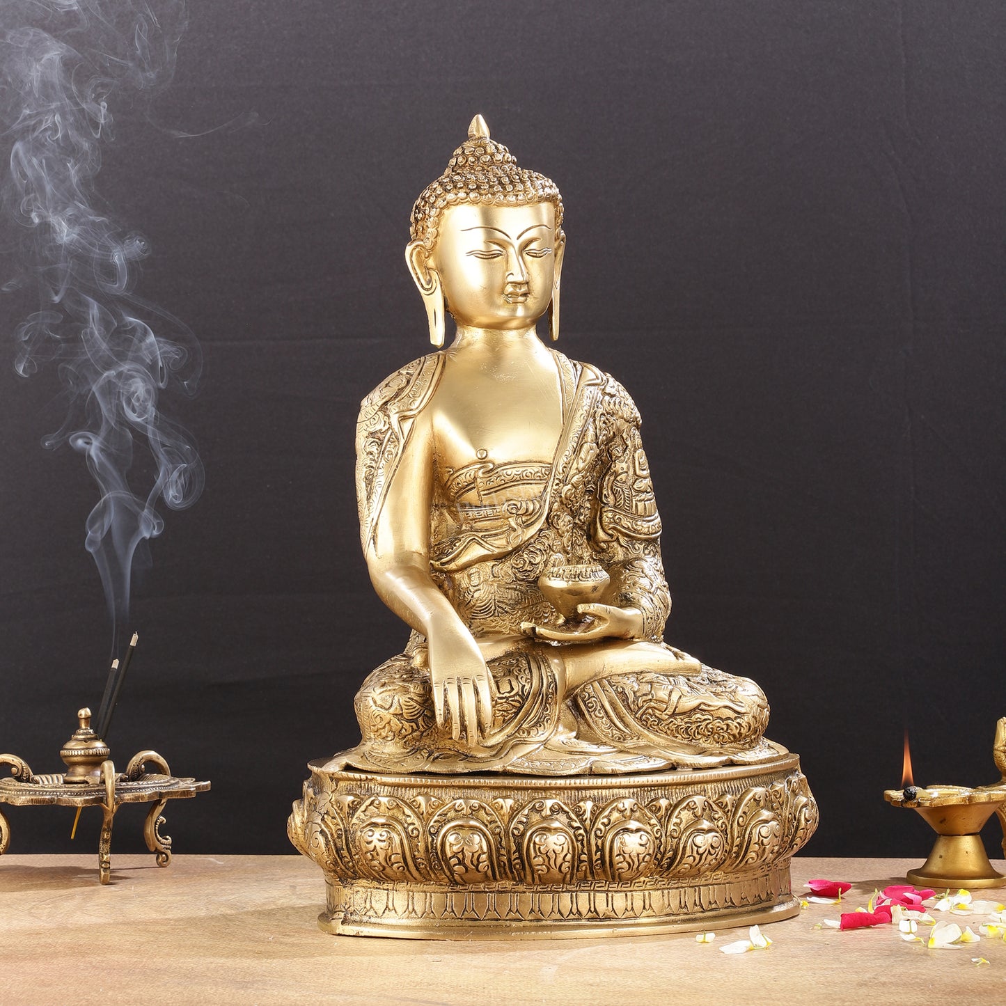 Pure Brass Buddha Statue with Engraved Life Story | 15"
