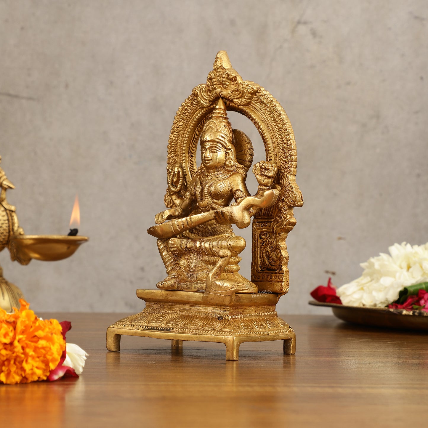 Buy Pure Brass Goddess Saraswati Idol with Arch - 7 Inches