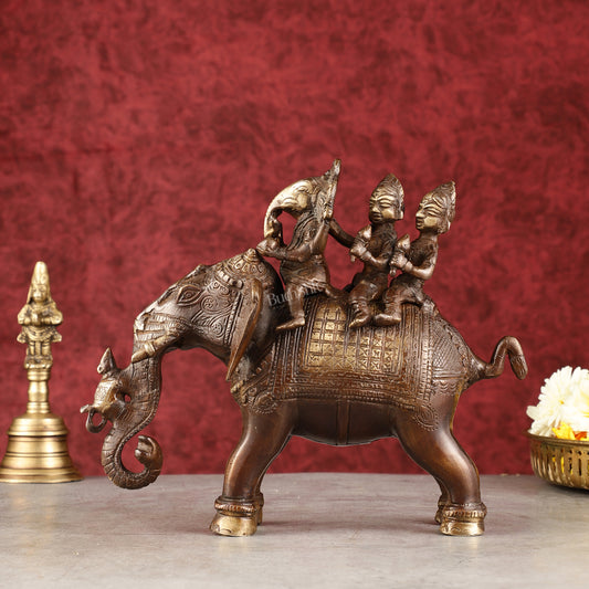 Pure Brass Handcrafted Ganesha with Riddhi Siddhi on Elephant Statue - 7.5" antique brown