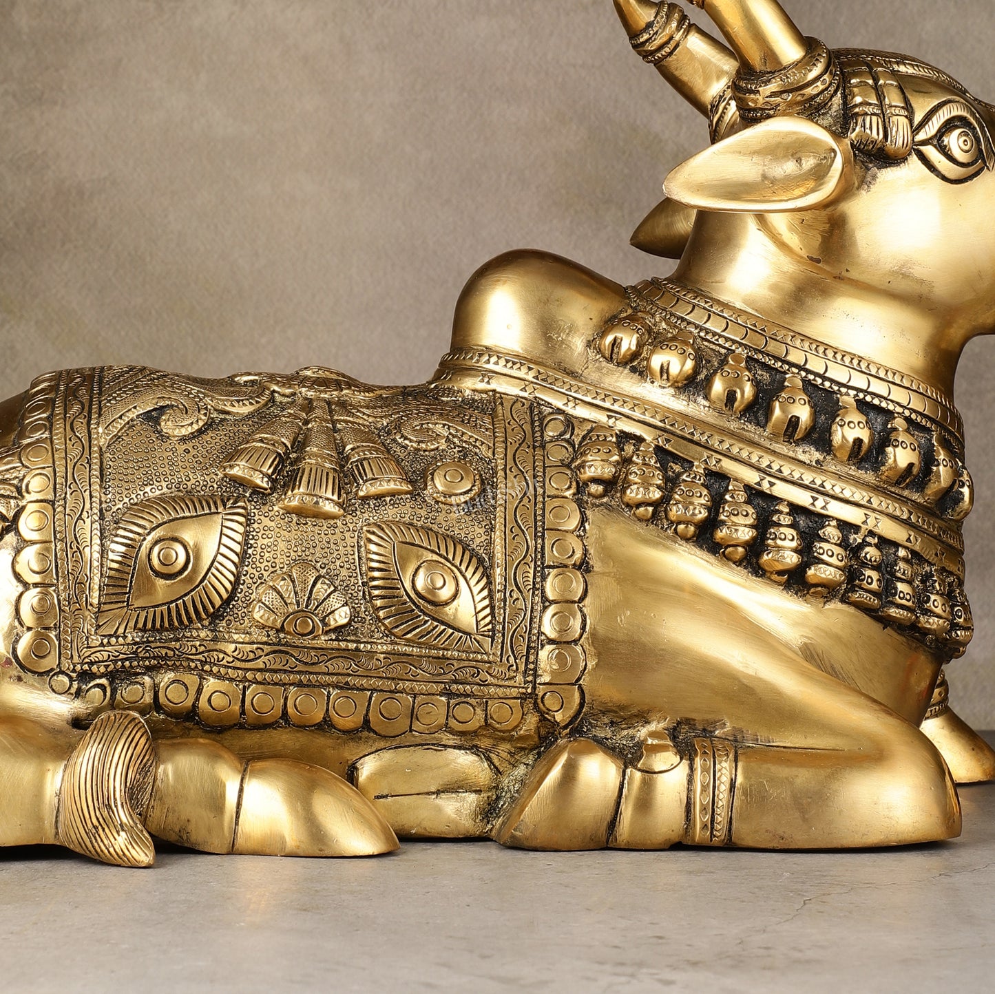 Pure Brass Superfine Nandi Statue with Enhanced Carvings - 16"