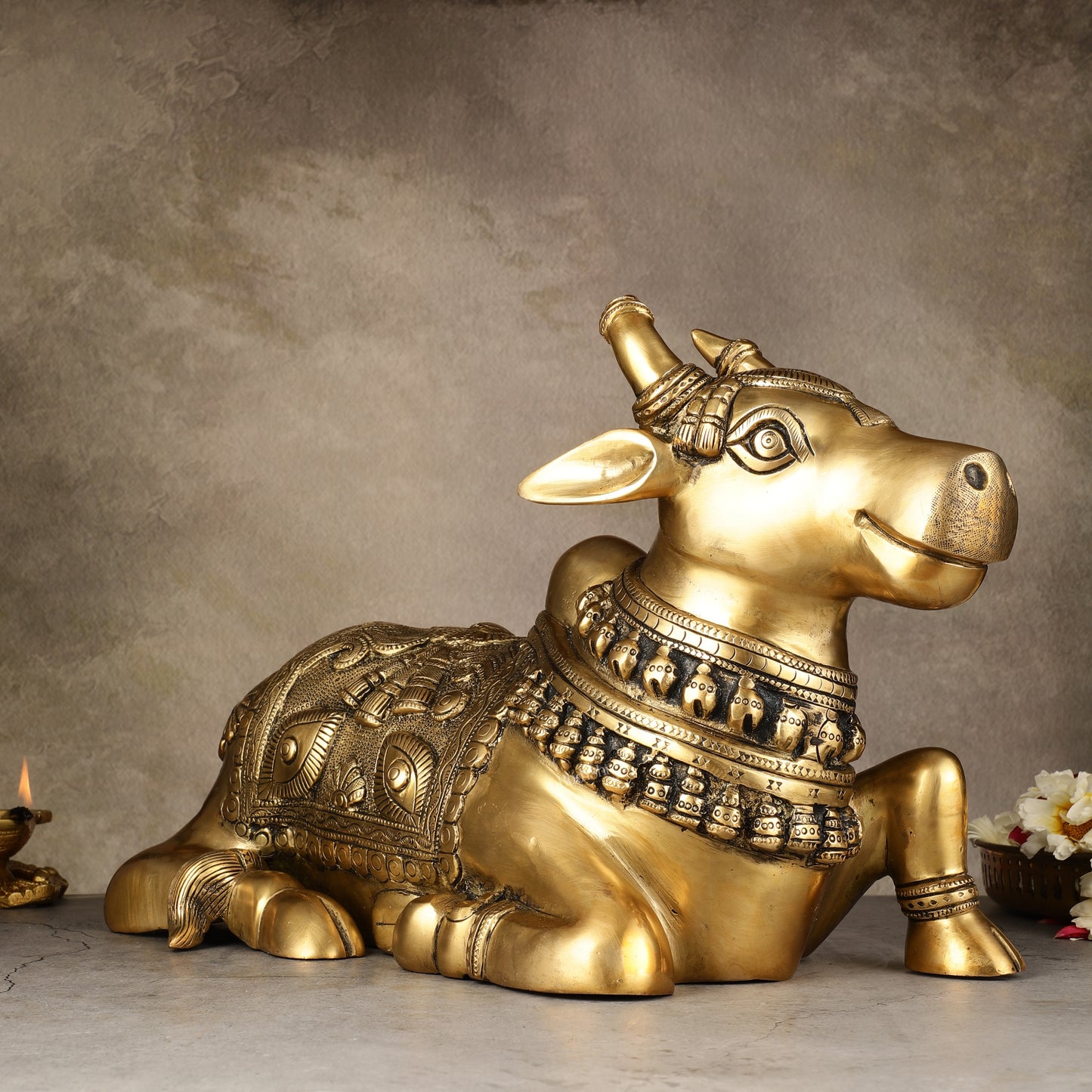 Pure Brass Superfine Nandi Statue with Enhanced Carvings - 16"