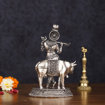 Superfine brass Silver plated Intricate Krishna with Cow Statue - 7"